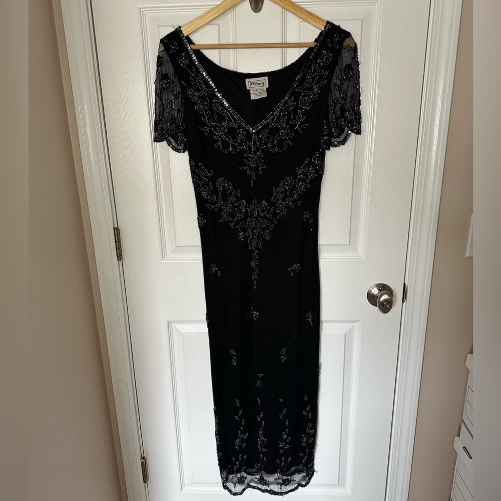 Vintage Stenay Long Black Beaded Womens Sheath Formal Dress 8 Prom Wedding Luxe
